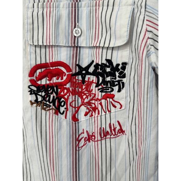Ecko Unltd Shirt Mens XL Striped Short Sleeve Button Up Graffiti Embroidered Y2k - Picture 2 of 12